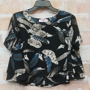 Buddy Love Size M Black and Blue Feather Print Blouse
